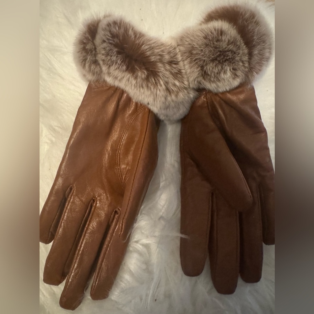 Brown lamb Leather Gloves with rabbit Fur Trim